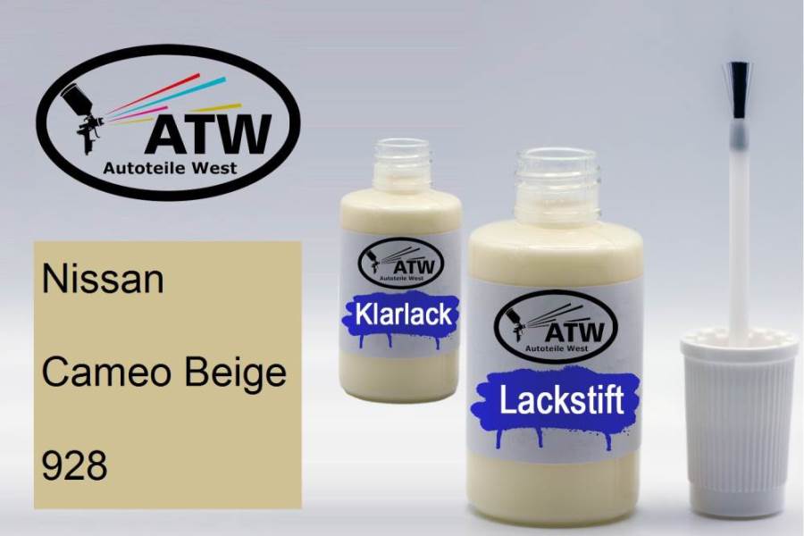Nissan, Cameo Beige, 928: 20ml Lackstift + 20ml Klarlack - Set, von ATW Autoteile West.